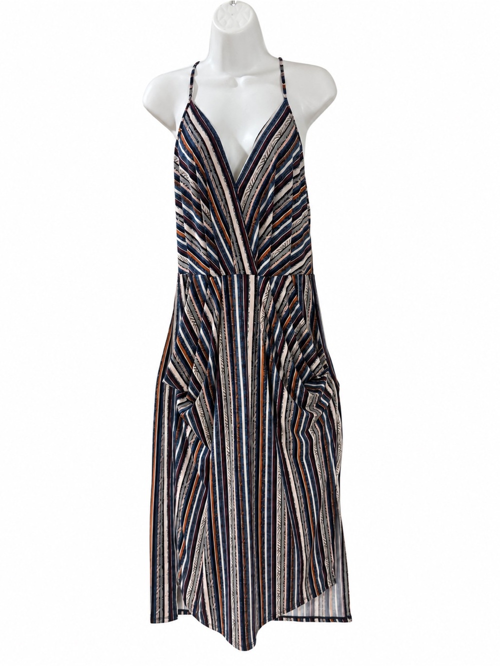 BCBGeneration Striped Maxi Dress L Draped Pockets Racerback